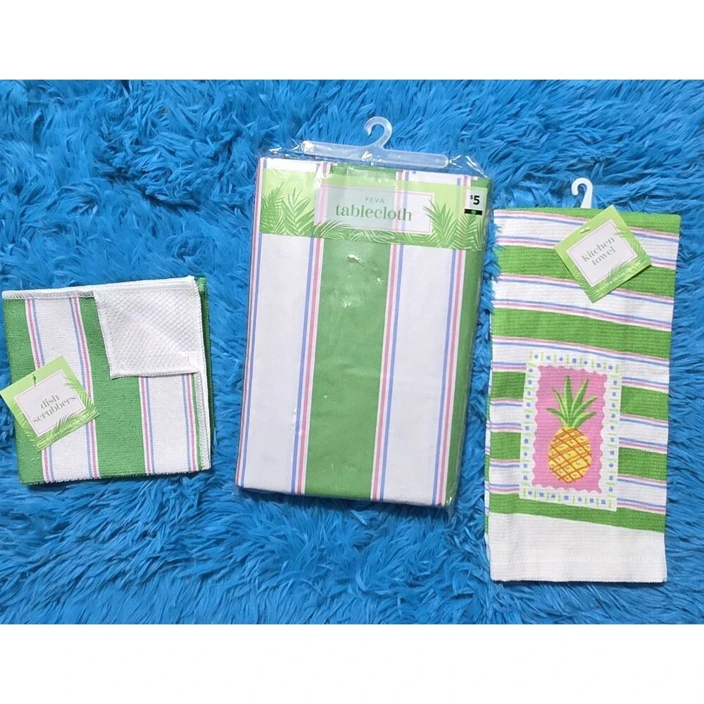 3pc Kitchen Striped Pineapple - 2ct Dish Scrubbers, Tablecloth, & Kitchen Towel